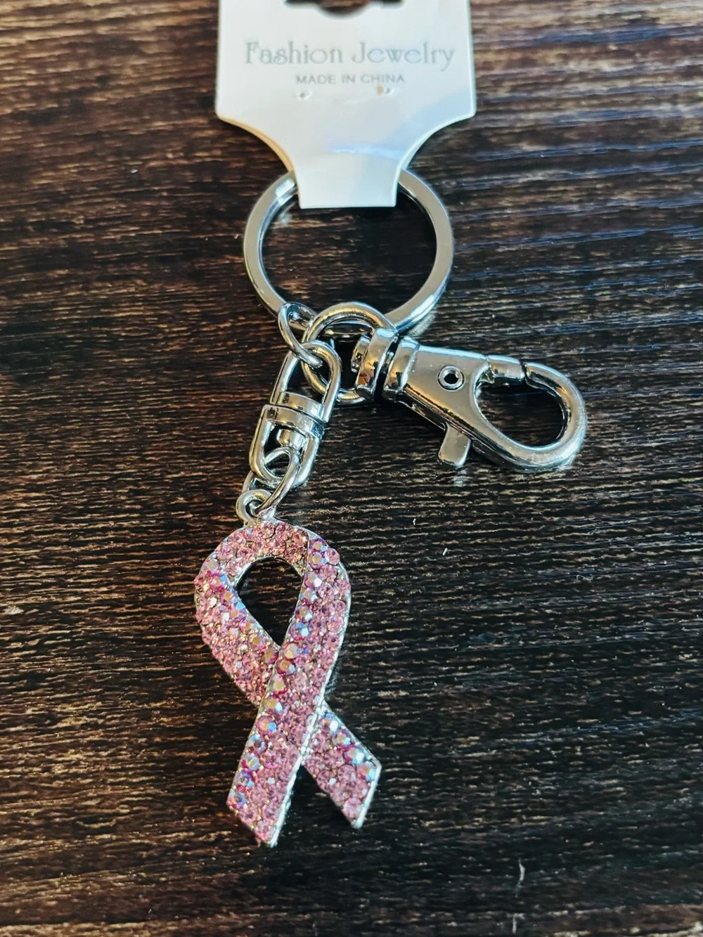 Pink‎ Crystal Breast Cancer  Awareness Ribbon Keychain with Clasp
